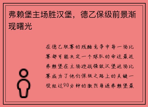 弗赖堡主场胜汉堡，德乙保级前景渐现曙光