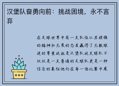 汉堡队奋勇向前：挑战困境，永不言弃